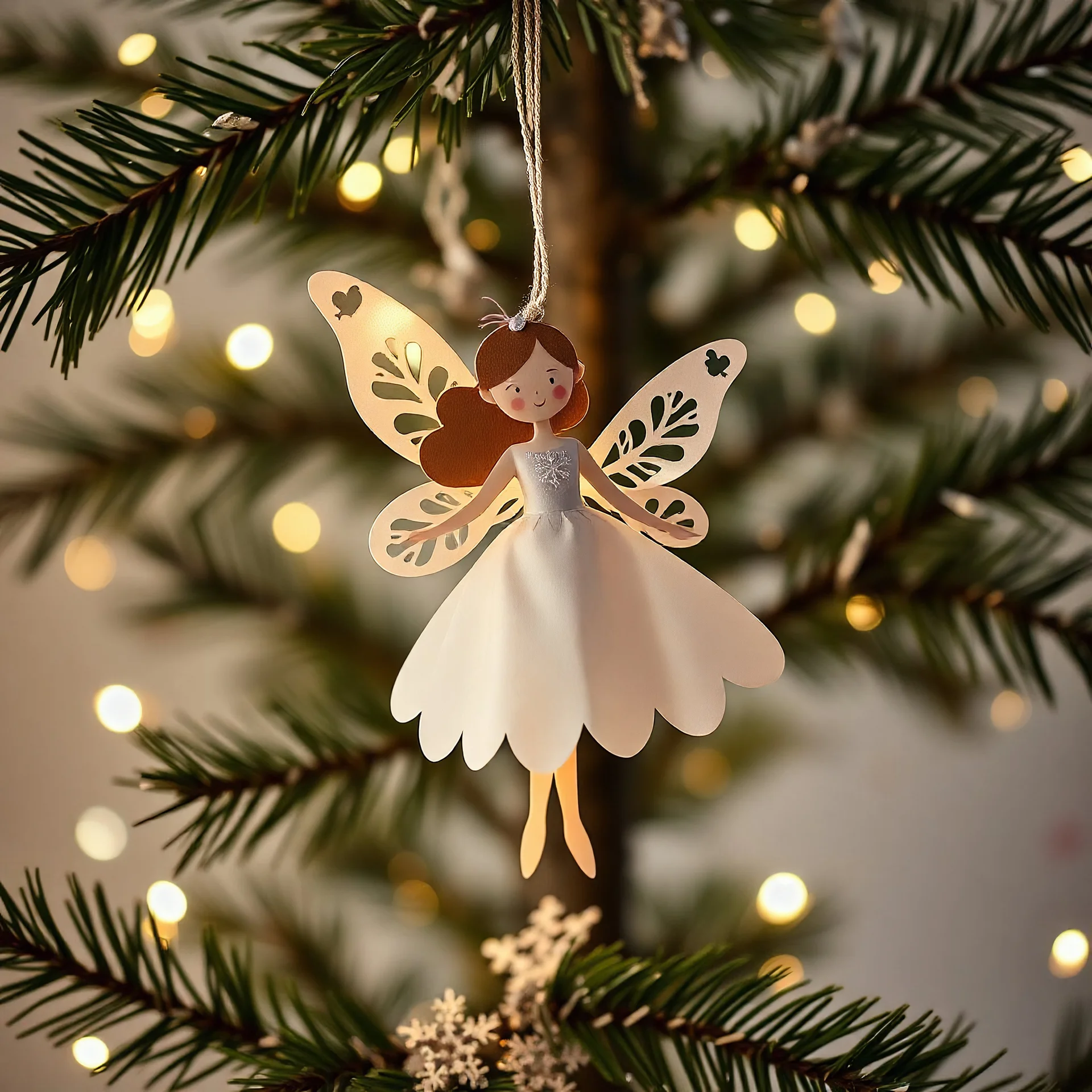 paper fairy in snowflake dress on Christmas tree branch, new year, tree, confetti, lights, cream tones, light picture