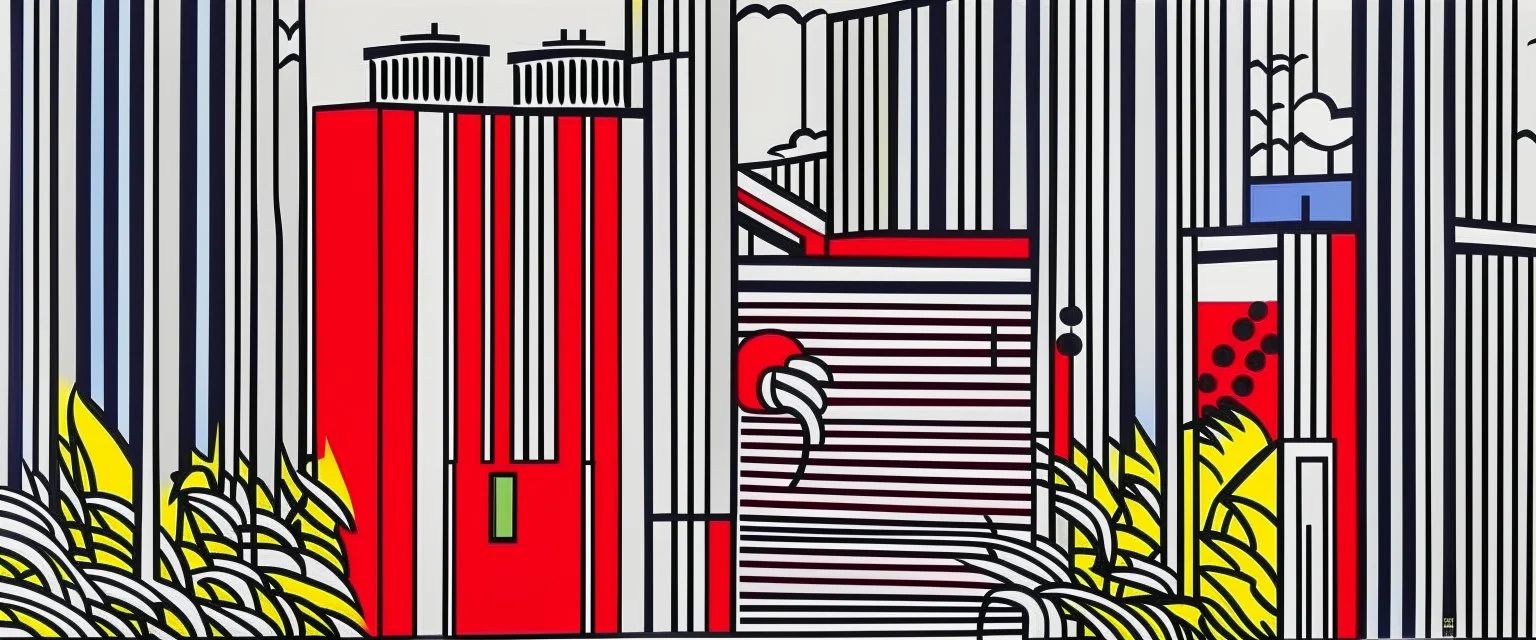 A light red electrical power plant with batteries painted by Roy Lichtenstein