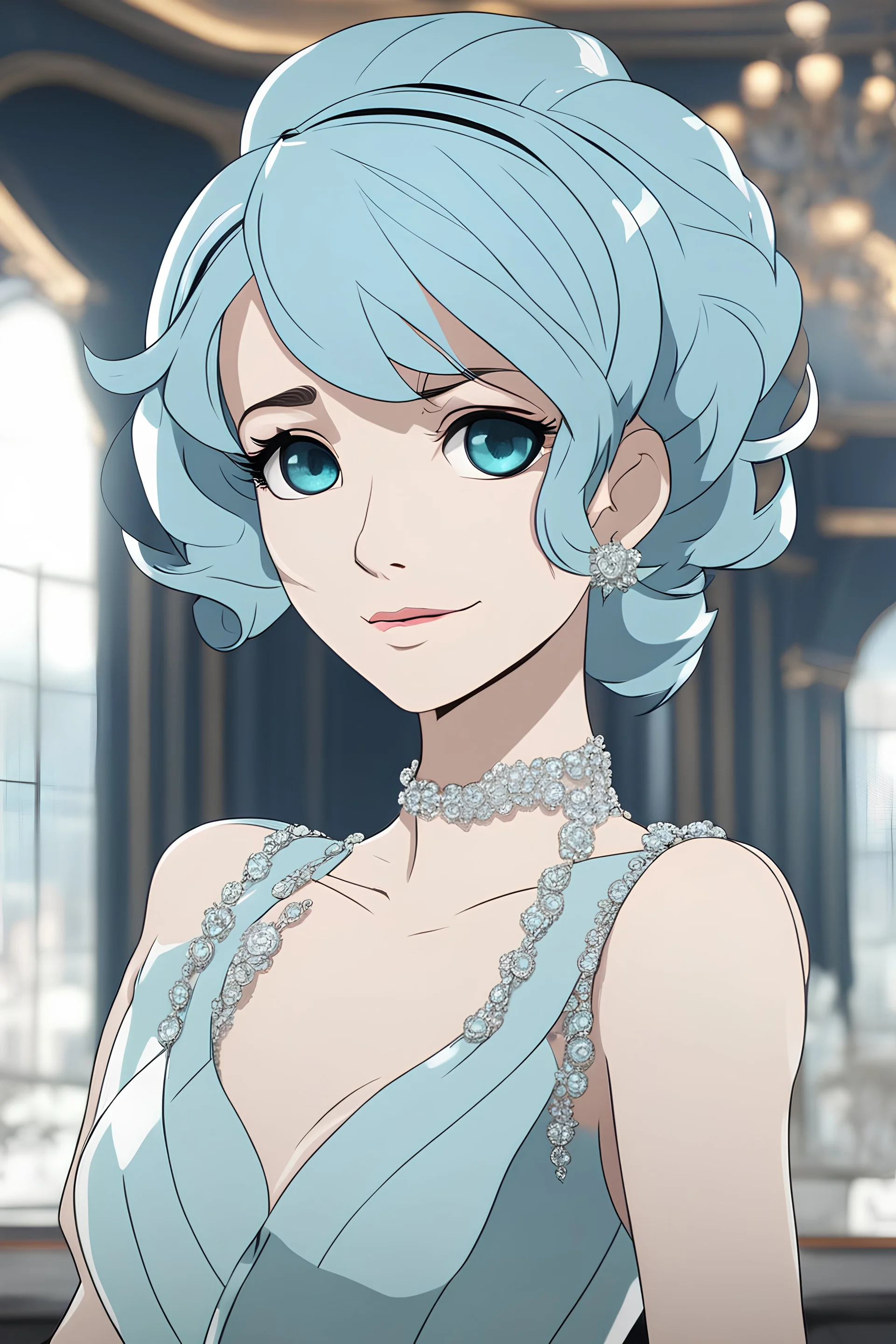 Older woman with powder blue hair, dark blue eyes, wearing an elegant cocktail dress, smug, casino background, RWBY animation style