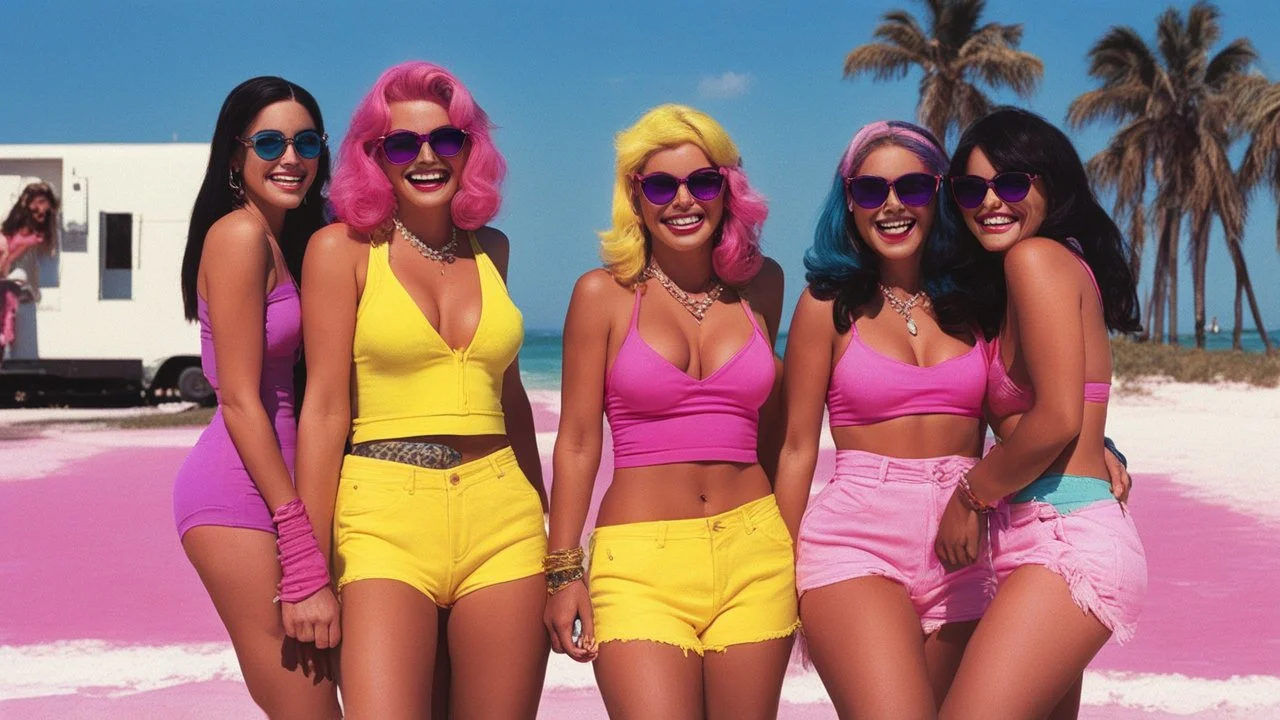 [art by Russ Meyer] four happy young women iconic scene of Spring Breakers (2012) hot pink, yellow, purple, and blue.