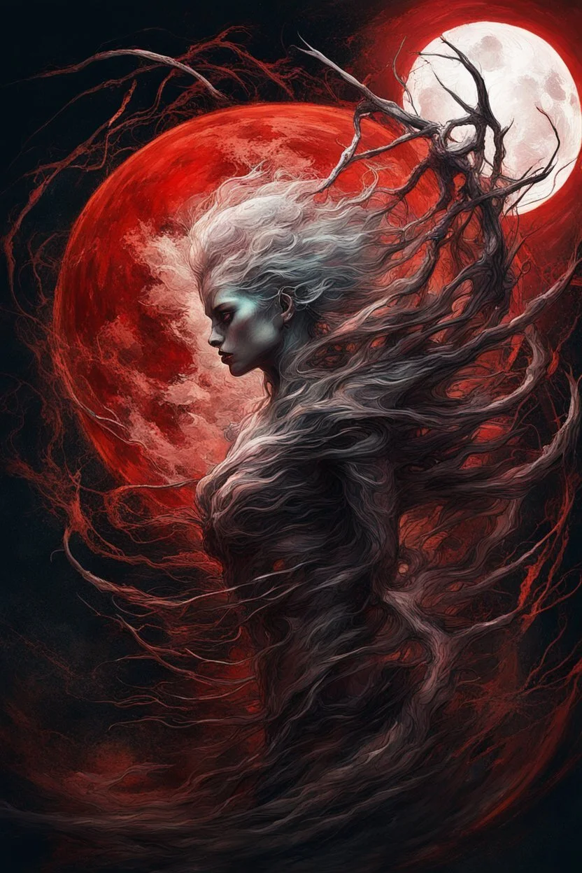 A dramatic digital painting portraying a figure under the Red Moon, veins pulsing, claws of temptation visible, soul in turmoil. In the style of Giger and Salvador Dali and Van Gogh, vivid colors, swirling brushstrokes, highly detailed, 8k resolution, surrealistic., by Ryohei Hase, Agnes Cecile, Raymond Swanland, Anne Bachelie