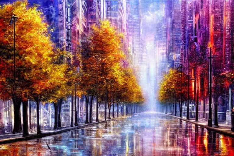 City near trees, sci-fi, Photography, hyperrealism, hd, impressionism painting