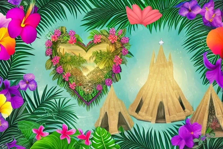  Tropical flowers, heart drawing, crystals, tropical leaves, sacred altar, Fantasy temple, Surreal landscape.