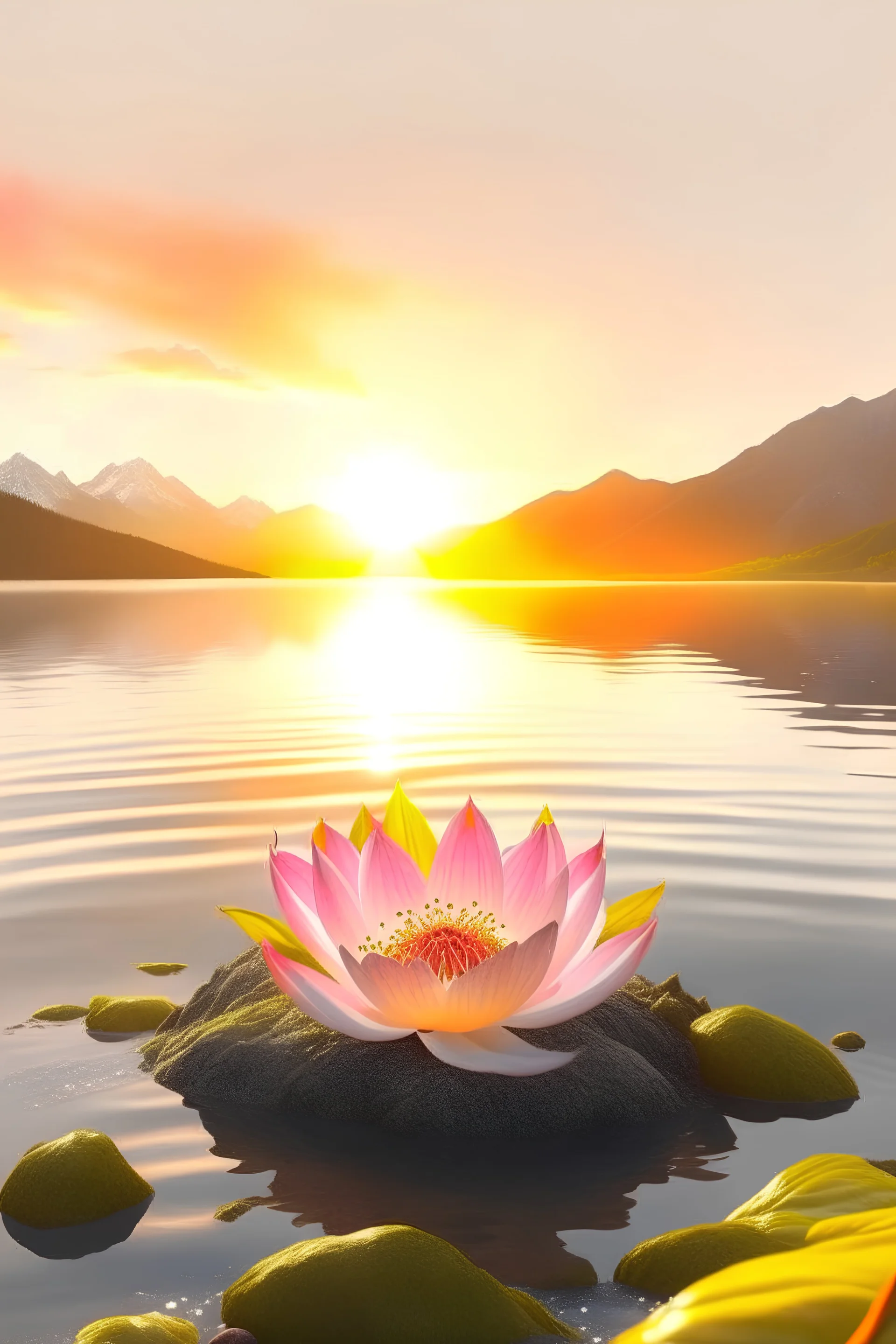 Water, air, little light fire on earth, Real swiss mountain, ocean landscape, heart nice lotus flour, Joy happiness, hyper real, sunrise, star, light color