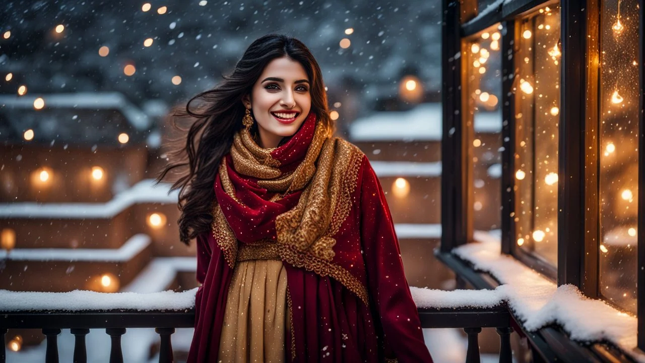 Hyper Realistic Photographic View Of A Gorgeous Pashto Young Woman (Wearing Long Golden Coat With Maroon Dress With Golden Embroidery & Wearing Maroon Scarf) Alone Happily Standing & Giving a Bold Smile With Dimples On Her Cheeks In Her (Black Walled) On Her Fancy Balcony Decorated With Fairy Lights With Her Beautiful Long Black Hair With Heavy Snowfall View From A Fancy Window At Her Back, At Dark Night Showing Dramatic & Cinematic Ambiance.