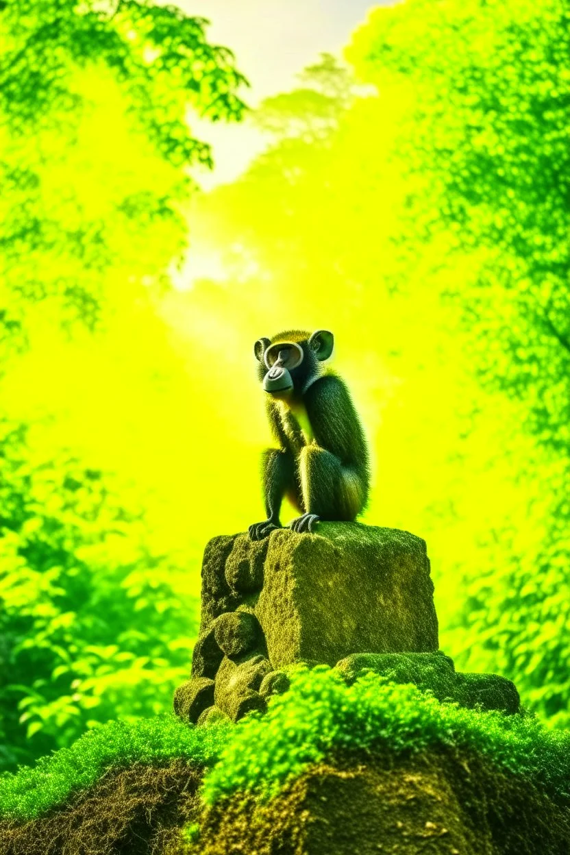 owl monkey on stone pillars in the middle of brazilian jungle, terror from the deep creatures, crashlanding, depth of field, light rays, mist