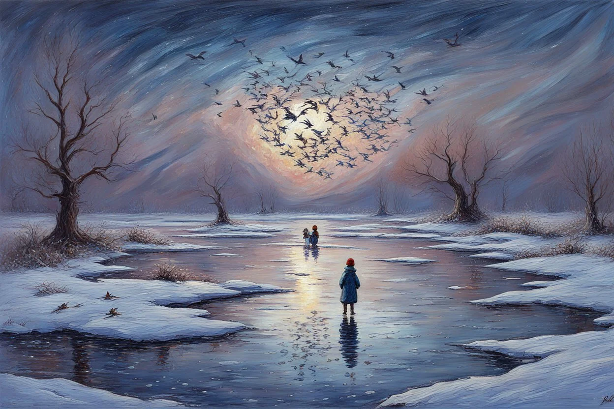 Gems, little puddle, space, person, ice, winter, flying birds, fantasy, otto pippel impressionism painting