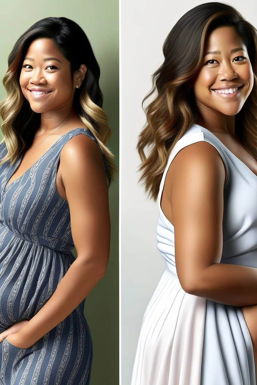 Gina Rodriguez at 100% transformation Body: Curves, Graceful Pregnancy, 6-Month Baby Bump Facial Features: Elegant, Maternal Glow Hair: Blonde Cascading Waves Complexion: Radiant Measurements: Perfectly Proportioned, Maternity Figure Outfit: Flowing Maternity Dress, Comfortable Yet Stylish Note: Gina Rodriguez at 100% transformation embodies the pinnacle of enchantment. Her body now carries the grace of a 6-month pregnancy, with idealized curves and a radiant maternal glow. The measurement