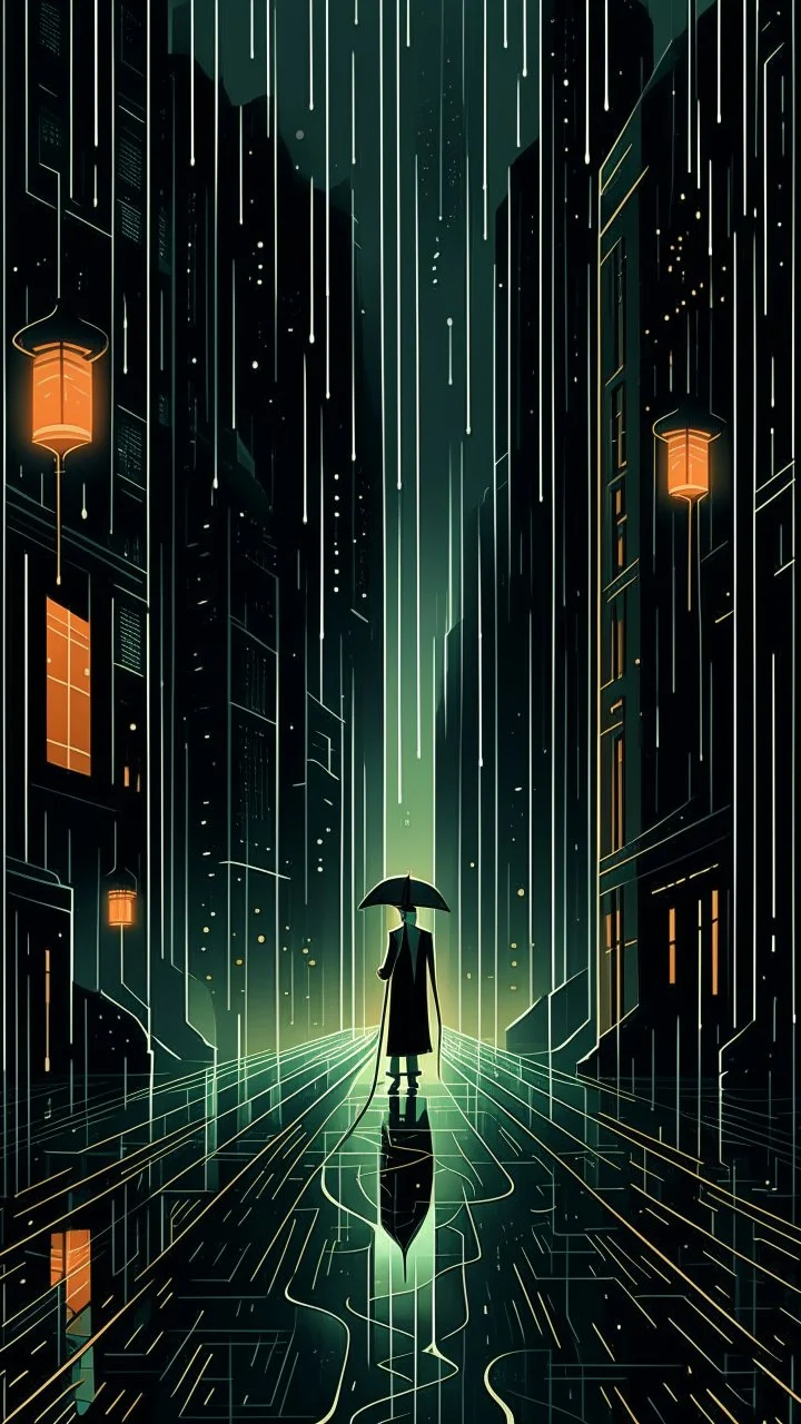 An atmospheric, noir-style illustration of a rainy cityscape at night, featuring glowing streetlights reflecting off the wet pavement, towering Art Deco skyscrapers, and a mysterious figure holding an umbrella, evoking a sense of intrigue and timelessness.thin line draw