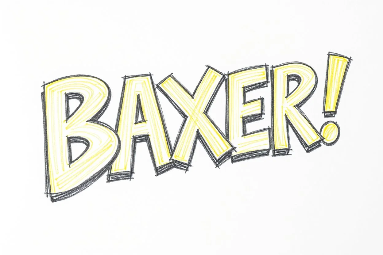 a drawing with sketch lead pencil, The word "BAXER" in yellow floating like a big sign, strong painting, strong expression, BAXER!, BAXER! write the word Baxer