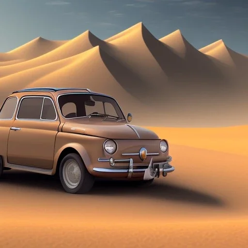 Disney 3d car, fiat 500, with black wheels, in the dessert sand, dunes in background, art photography, soft focus, intricate, highly detailed, artstation, sharp focus, cinematic spot light, illustration, art by artgerm, ultrarealistic UHD face, 85mm, Canon, bokeh, blue background, stunning