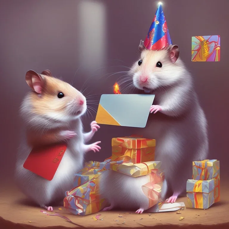 hamster and present with a card happy birthday written on it