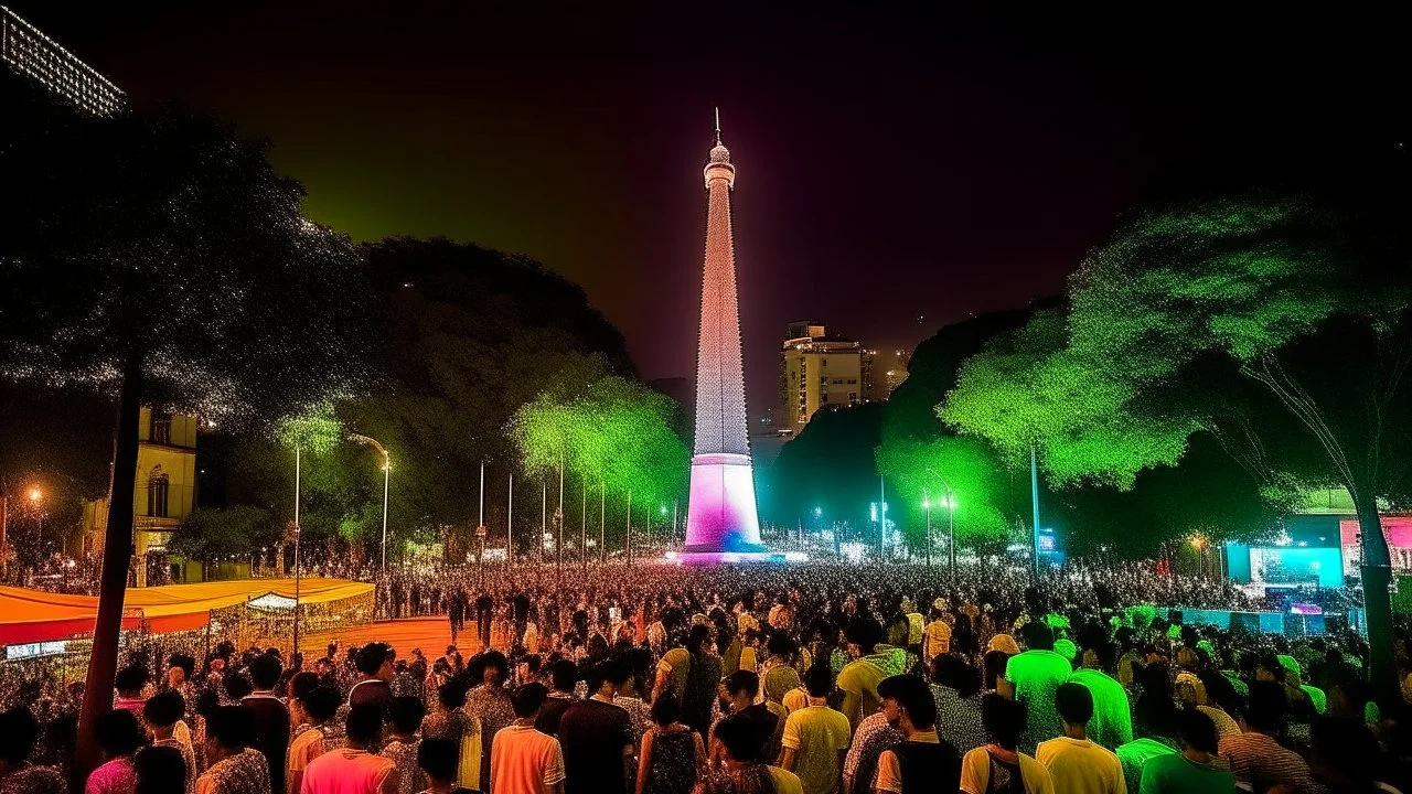 ciudad de buenos aires, es de noche, hay un montón de gente alrededor bailando y tomando, luces blancas y coloridas, se muestra el obelisco, fiesta, festejo