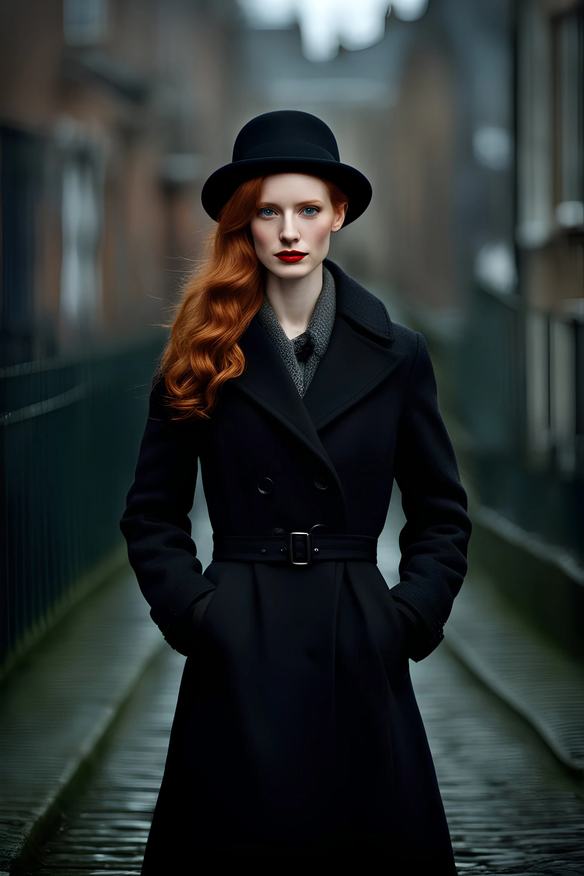 symmetry!! ultra realistic photo of ginger hair girl!!, face like Jessica Chastain, slightly smiling, red lips, beautiful natural blue eyes, she is on a street in Ireland, it is winter, she is wearing a hat, black coat and leather boots, highly detailed, photo, realistic