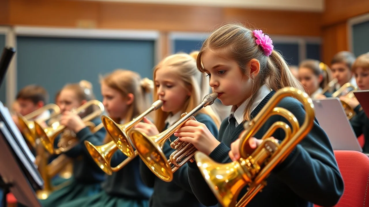 Young schoolgirls playing brass musical instruments, award-winning colour photograph, orchestra, school hall, beautiful lighting