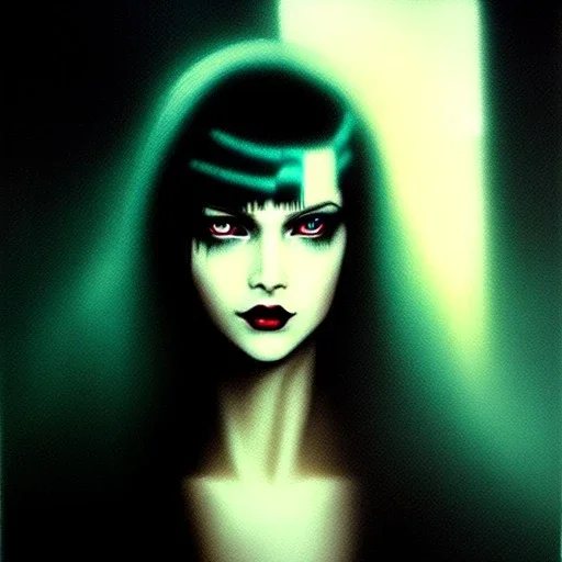 portrait oil on canvas, beautiful punk busty female Blade runner Replicant intense stare, sad glowing eyes, post-apocalyptic in a cyberpunk city,minimal skintight latex dress, bladerunner movie poster, realistic, Crystal green eyes , elegant, intricate detail, , sci-fi fantasy style, masterpiece, volumetric lighting, particles, highly detailed ,cinematic , deep colours,8k, in the style of Kaare Andrew,WLOP, Artgerm ,Greg Rutkowski, Alphonse Mucha