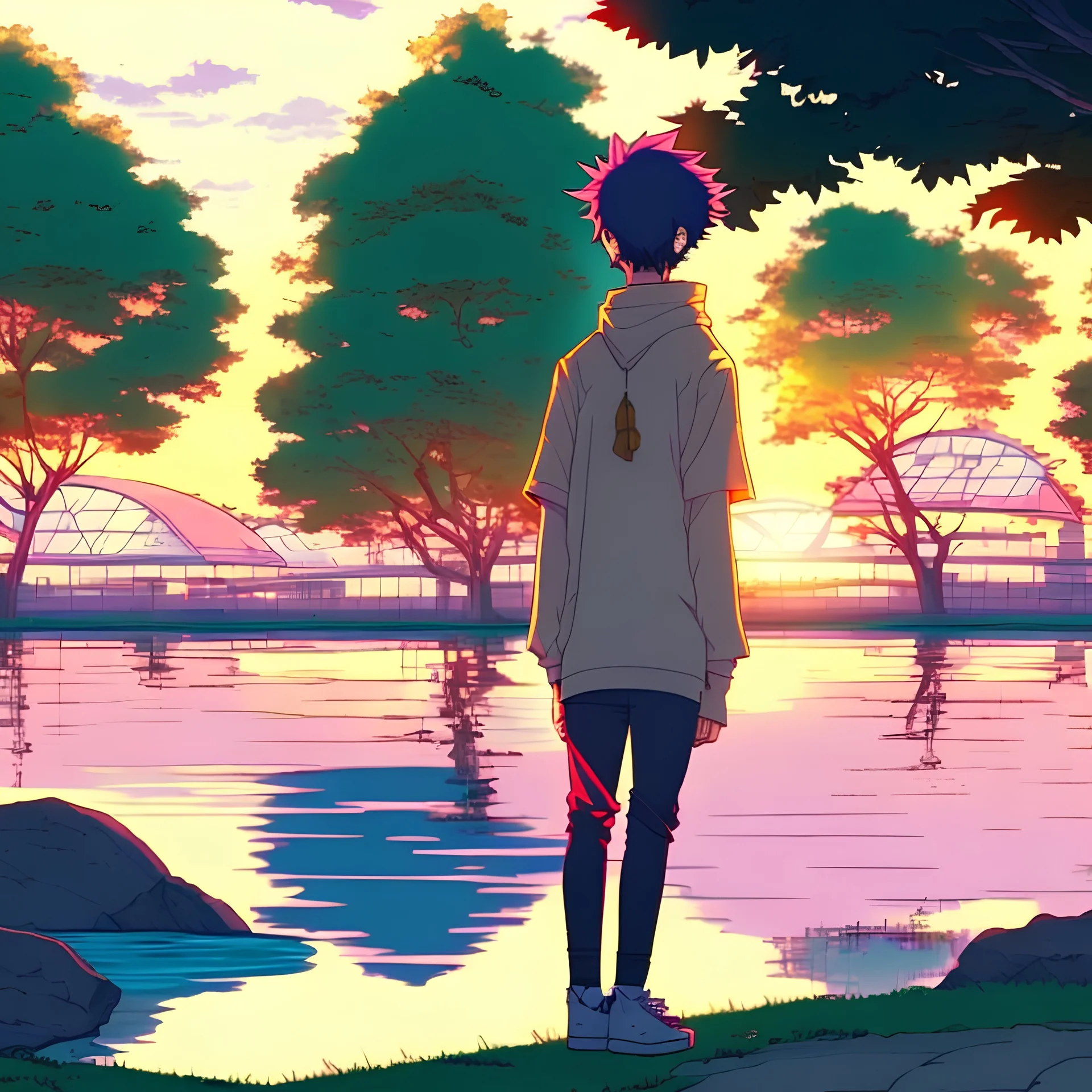 In the anime, a young male character is near the green lake in the sunset afternoon.