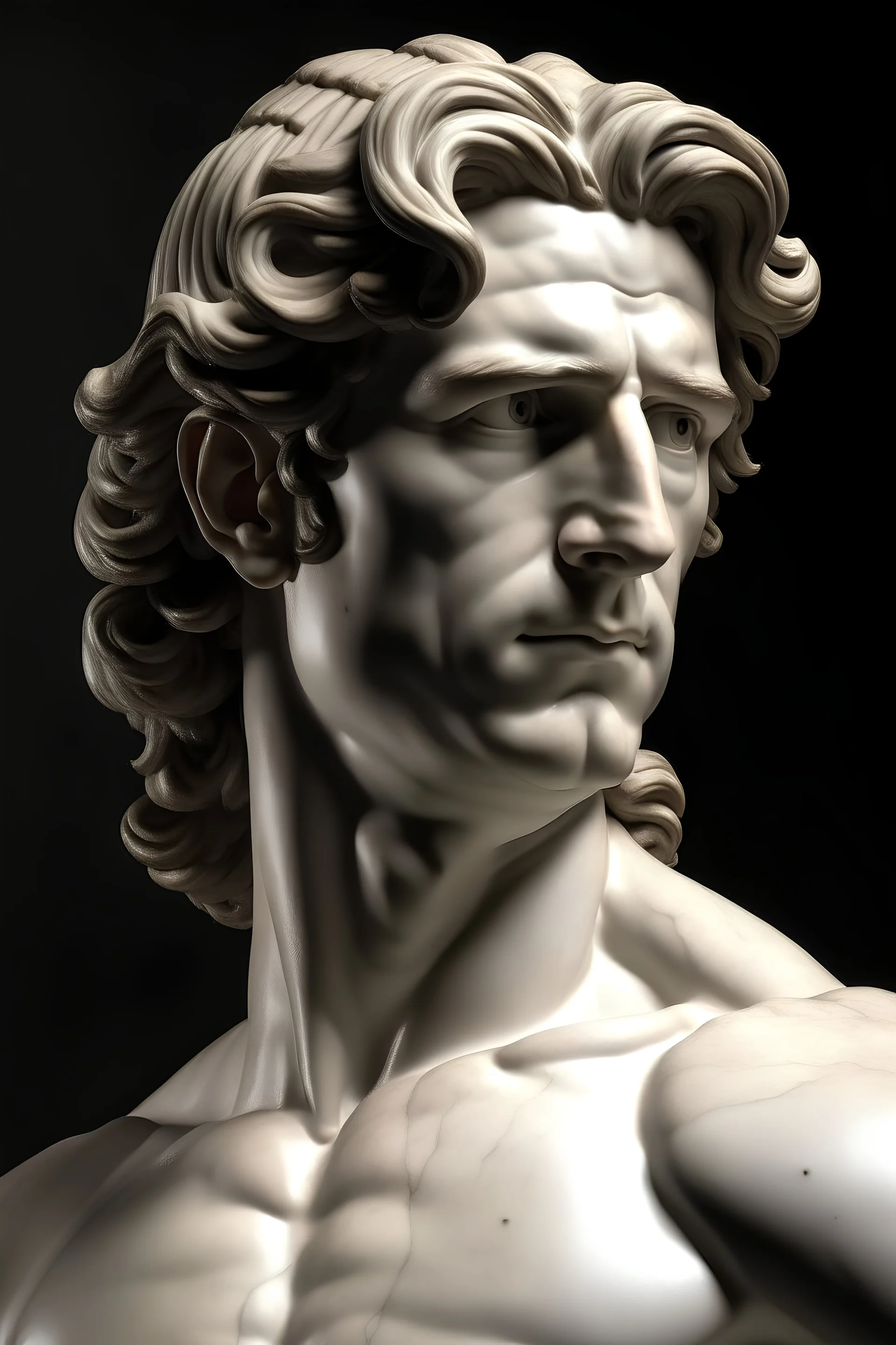 manly figure of a greek statue, young fresh man, charismatic, willness to conquer