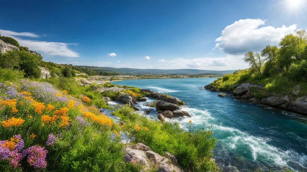 desktop wallpaper ,Turkey istanbul kus adasi,country side wavy rocky river ,wild flowers,blue sky nice clouds,