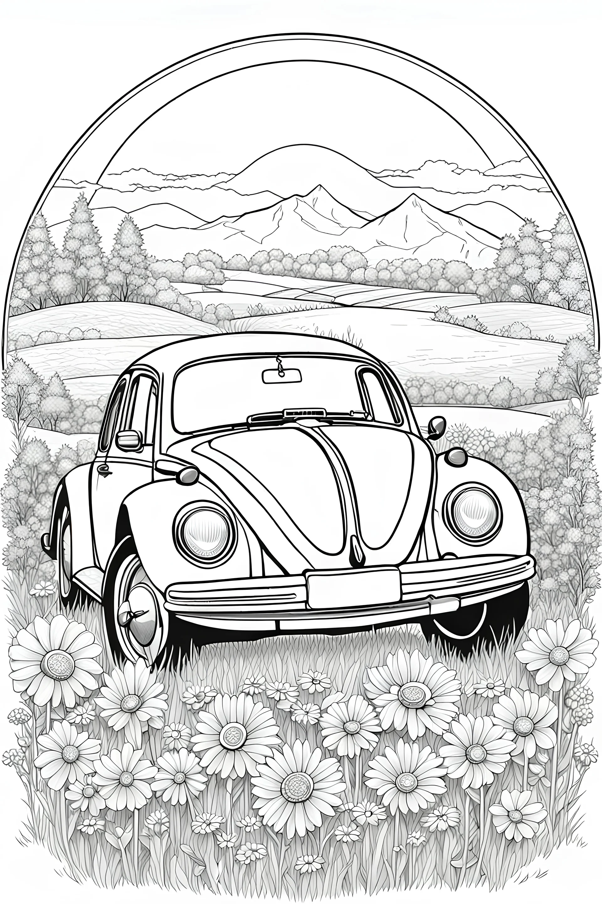 outline art for an adults coloring page, Volkswagen Beetle parked in a flower-filled meadow. Capture the Beetle's iconic rounded shape, daisy hubcaps, and the nostalgic vibe of the '70s. Add a clear sky and rolling hills for a peaceful setting , white background,detailed sketch style,no color , only use outline, clean art , white background, no shadows and clear well outlined,