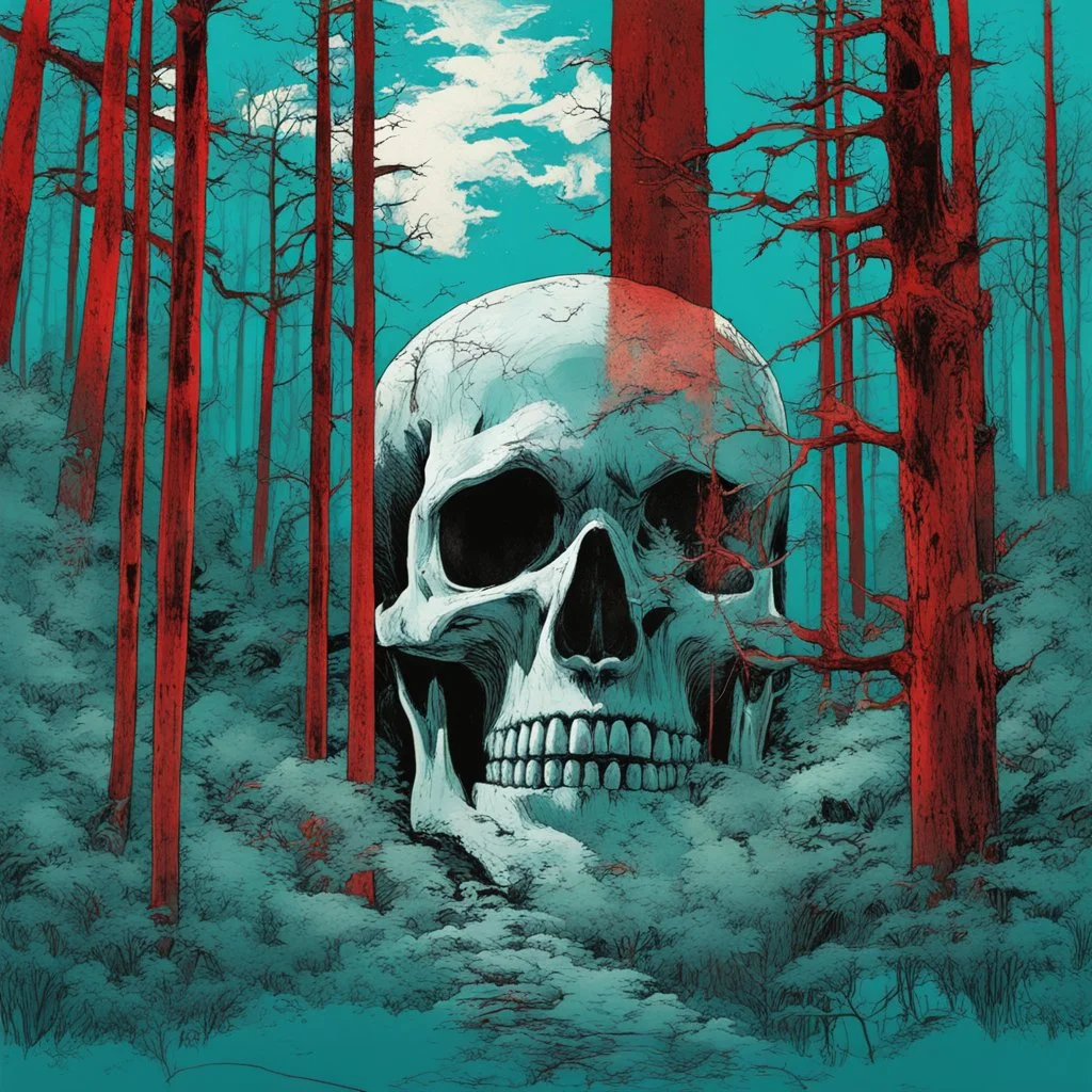 double exposure photography "ghosts in skull! forest!", negative cyan and crimson Speedpaint with large brush strokes by Junji Ito, Kelly Freas, M.W. Kaluta, Andreas Lie, epic masterpiece, 16k resolution, trending on artstation, horror, eerie, highly detailed and intricate art