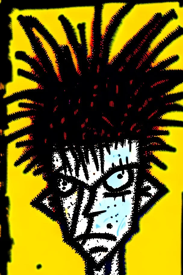 2d portrait drawing of a stickman, cool with punk hair, x eyes like hangman, close-up, in colour