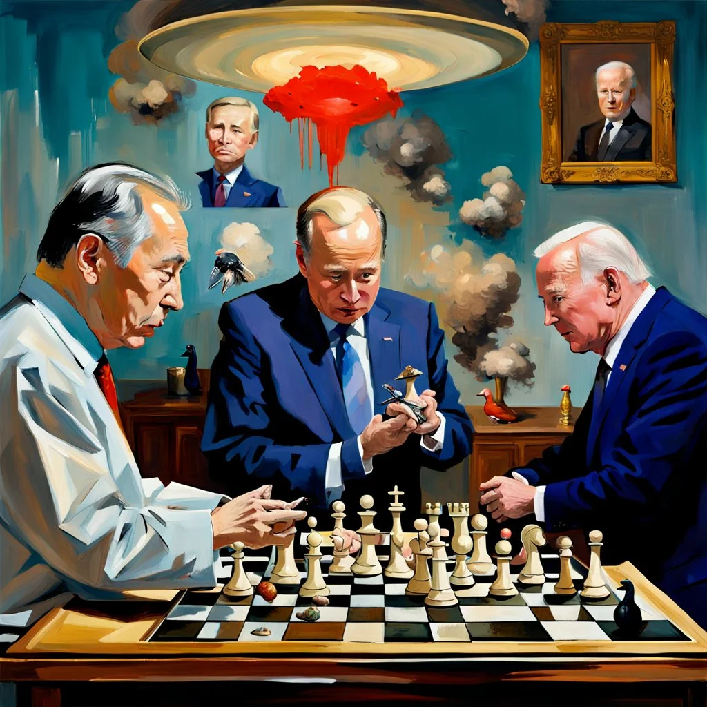 Putin, President Xi Of China And Joe Biden Play Chess With A Pigeon,Ufo And Atomic Bomb Mushroom Cloud,Complex Surgical Instruments Intermixed With A Newborn Boy,Minimalism,Painting By Adrian Ghenie,Rene Magritte,Pablo Picasso,Michelangelo,Salvador Dali,Lucian Freud