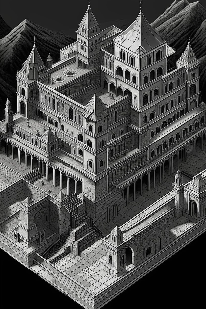 A gray monastery made out if steel painted by MC Escher