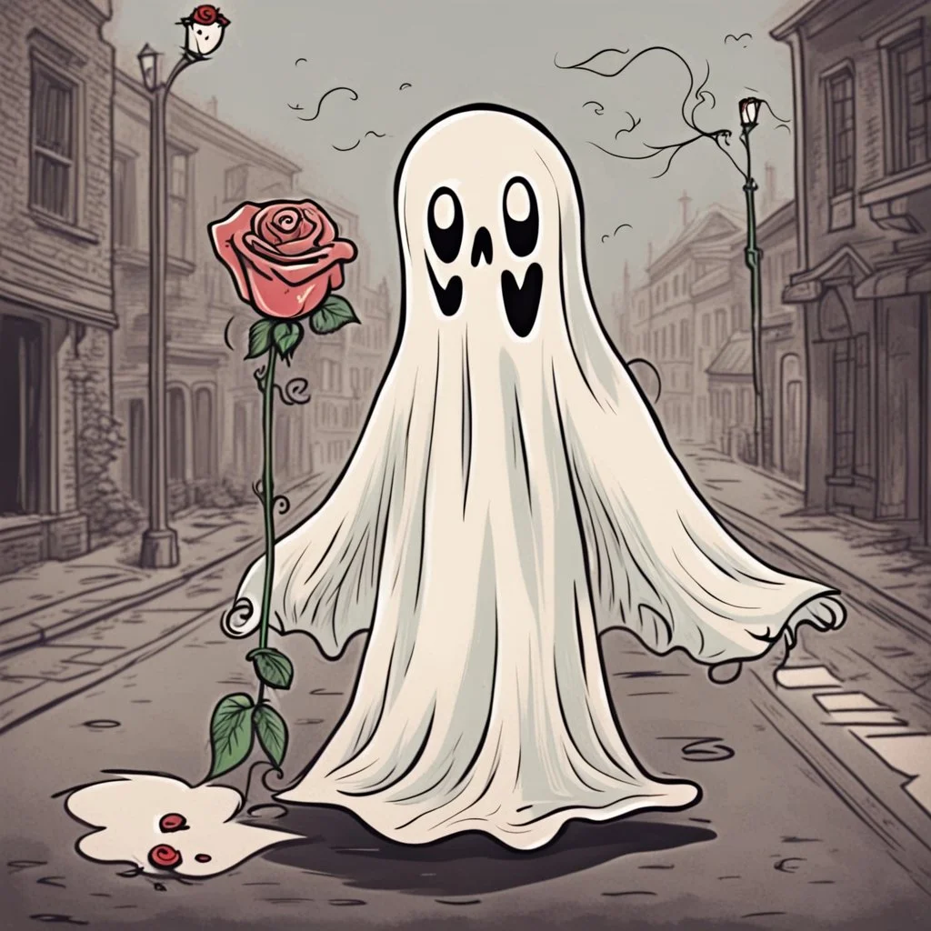 Vintage sheet Ghost animation, rubberhose drawing style, cute ghost with a rose alone on a street, cartoon art, hand drawn, cute horror, overexaggerated