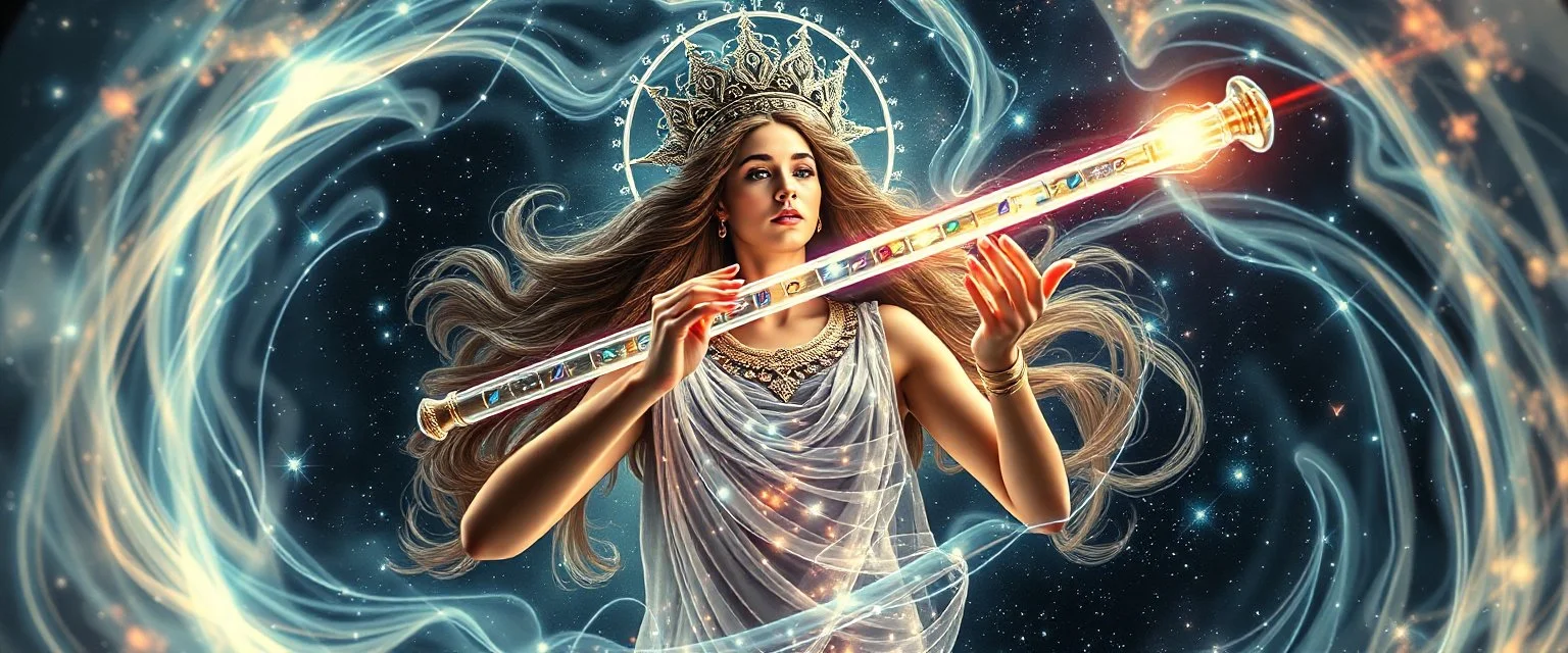 quantum vuvuzela greek god gandalf as a young woman floating transparent shiny slug notes in the weirder universe swirling sacred geometry