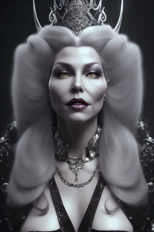 Mae West as evil queen in black leather, leather, busty, cleavage, angry, stern look. character design by cory loftis, fenghua zhong, ryohei hase, ismail inceoglu and ruan jia. unreal engine 5, artistic lighting, highly detailed, photorealistic, fantasy