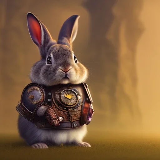 steampunk rabbit, extremely detailed, UHD, 8k,The close-up camera effect,sharp focus,perfect, background forest,position,hyperphotorealistic