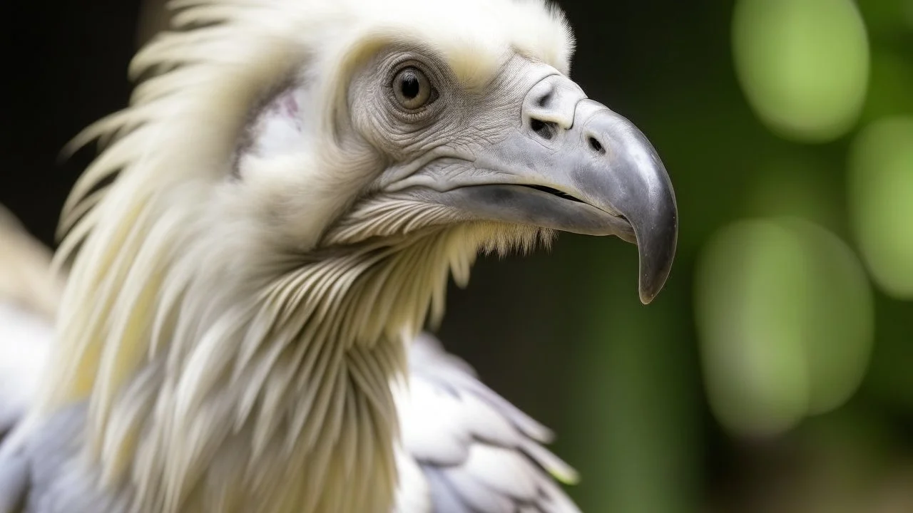 A close-up portrait of a white vulture with a distinctive hooked beak and piercing eyes, set against a blurred natural background