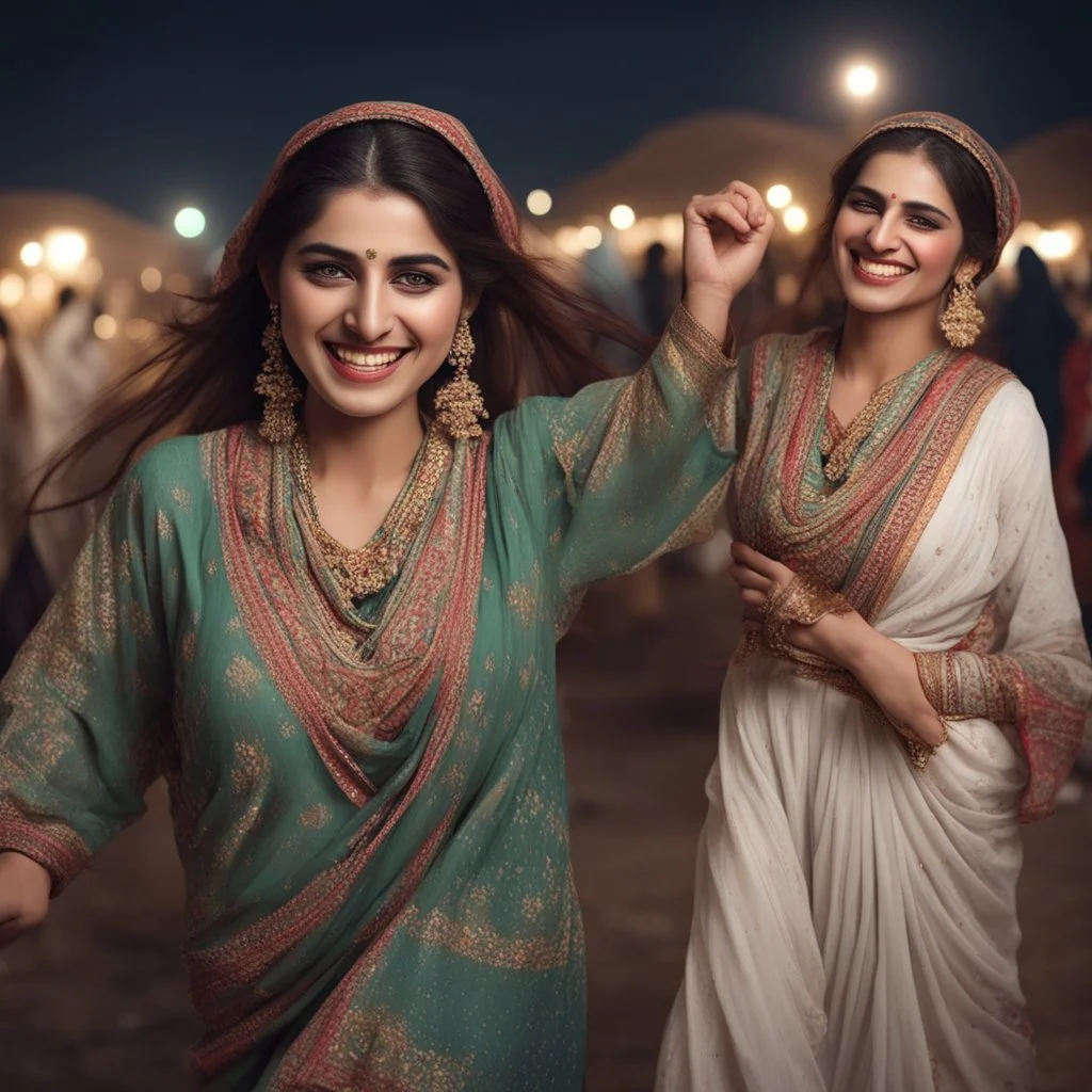 Hyper Realistic Pakistani Pushto Women smiling & Dancing at night