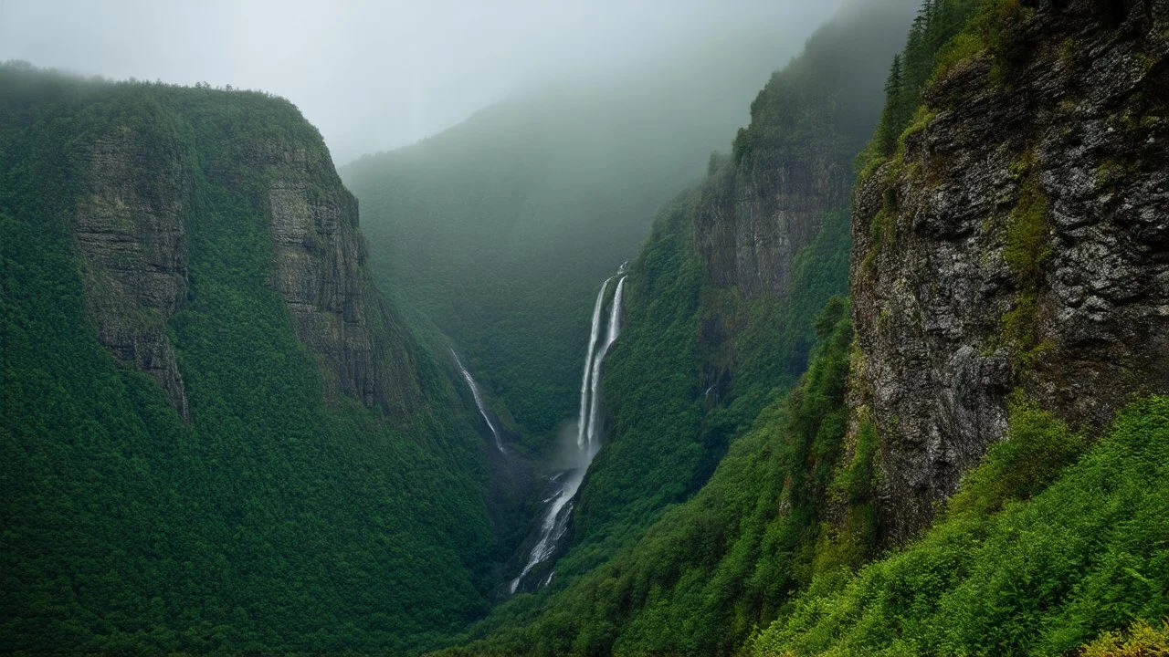 Mountain landscape with steep cliffs, waterfalls, lush green vegetation, and dense fog, dramatic lighting, photorealistic, high detail, 8k resolution