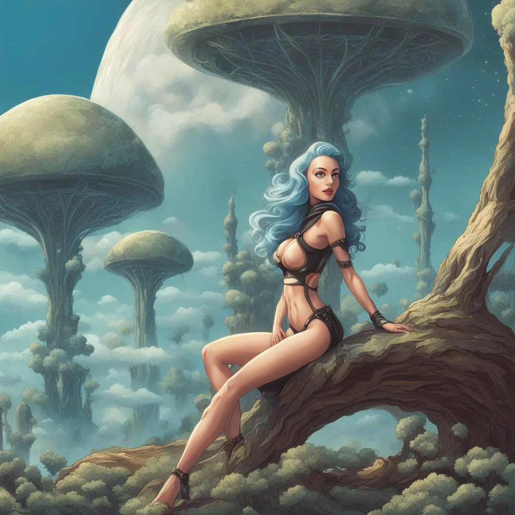 slim Sci-fi pin-up girl on an alien planet of cloud trees in the multiverse