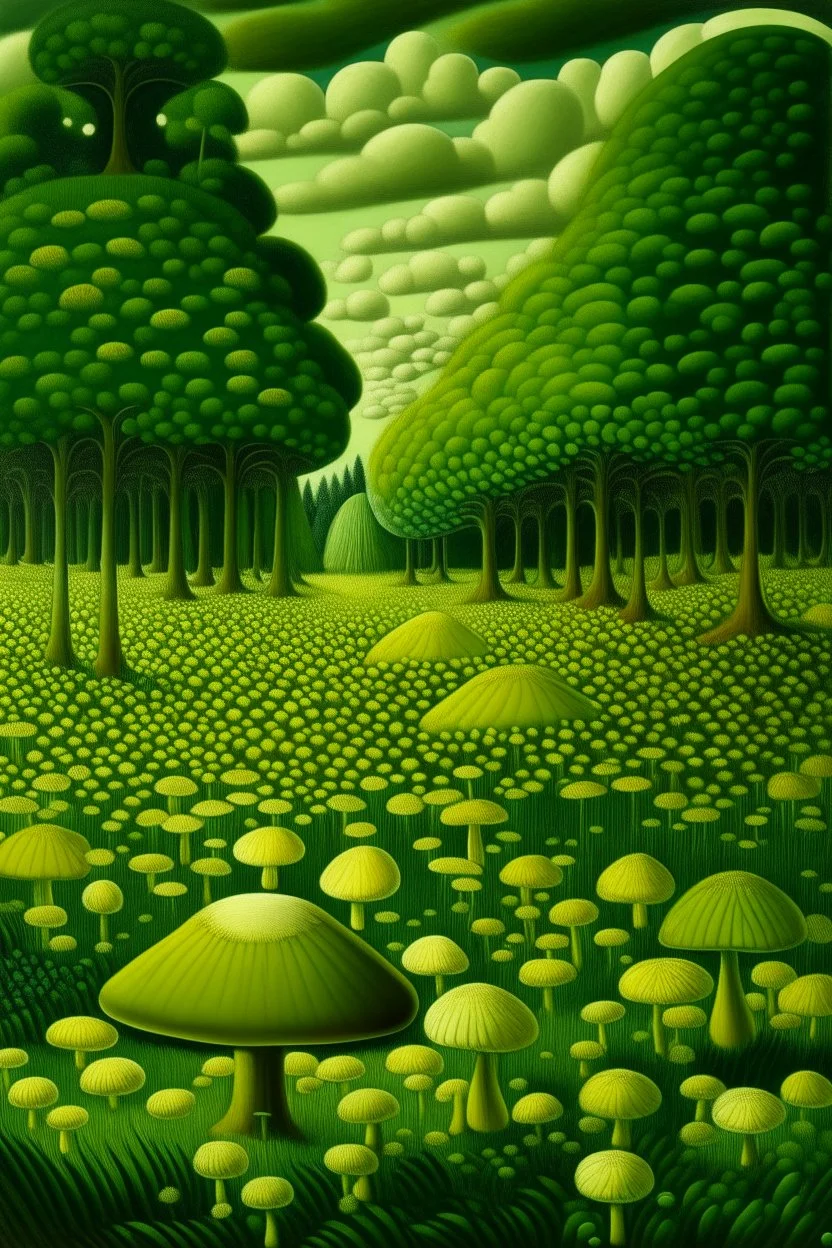 A lime green field filled with mushrooms painted by Henri Rousseau