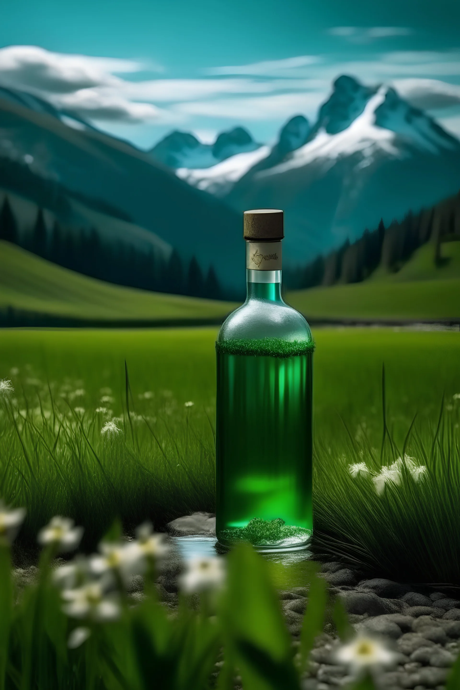 liquor green in a bottle in a field with flowers, mountains with snow and waterfall on the background