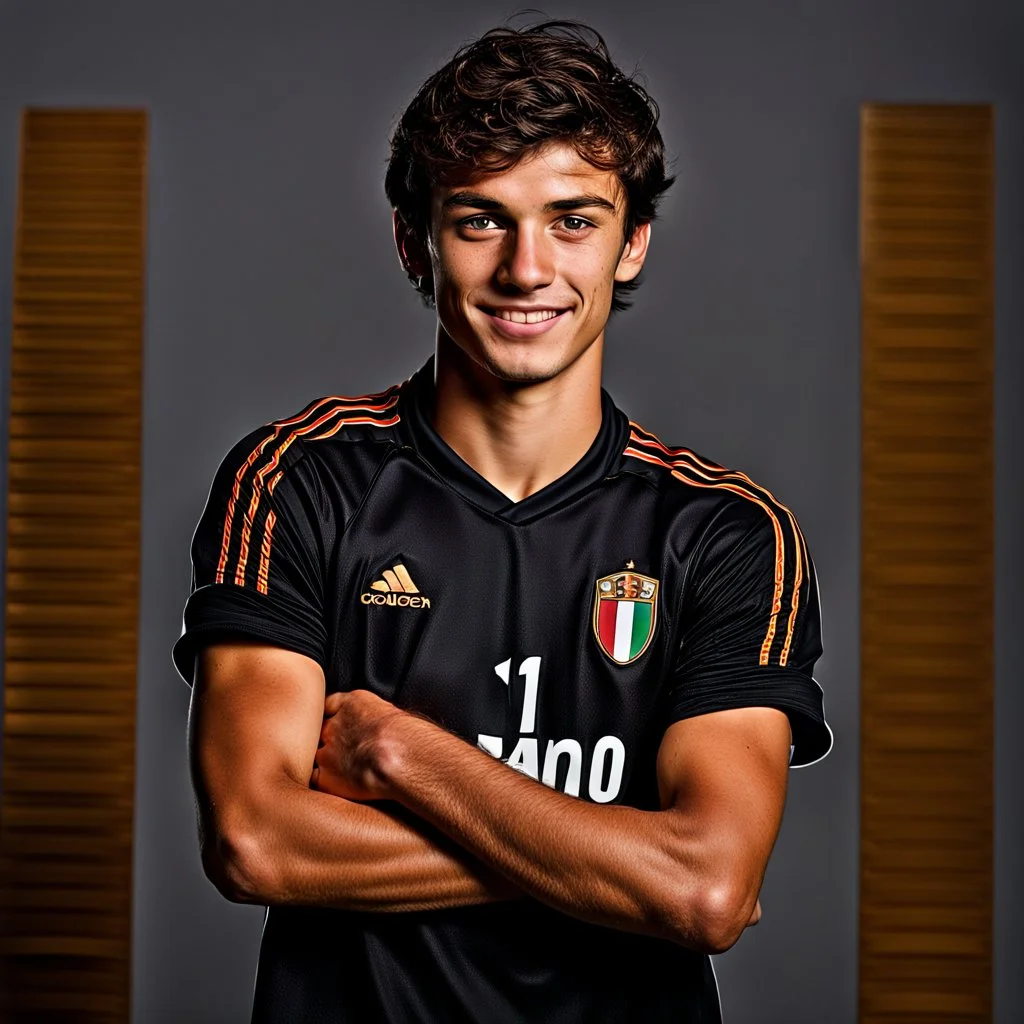 85mm DSLR color photography of a very detailed headshot fitting all of head and hair in frame. 18-year-old Italian soccer player, with brown hair color and no facial hair and has very short hair and with a small smile, grey background make him look like he has Spanish origins