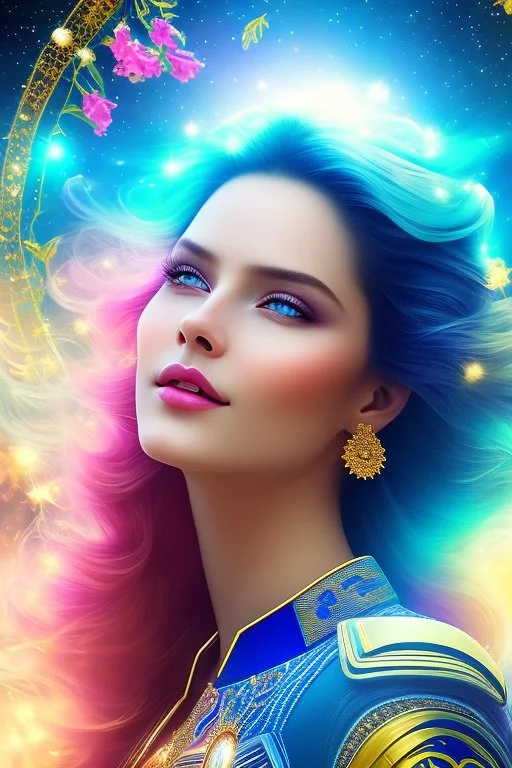 Beautyful smiling young woman, long hair amazing blue eyes, flowers, happy cosmic, bright colors, blue, pink, gold, jewels, realistic, photo real, clear sunny background, highly detailed, high contrast, 8k high definition, unreal engine 5, extremely sharp detail, light effect, sunny light backgroundgold, jewels, realistic, photo real, clear sunny background, highly detailed, high contrast, 8k h