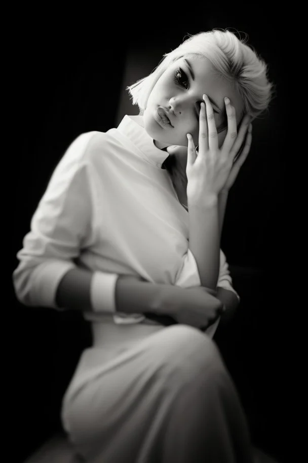 Mujer rubia mirando con la cabeza baja hacia su derecha iluminada, retrato medio cuerpo, iluminada potentemente desde el lado derecho, blanco y negro vaporoso, al estilo del fotógrafo Hugo Alonso
