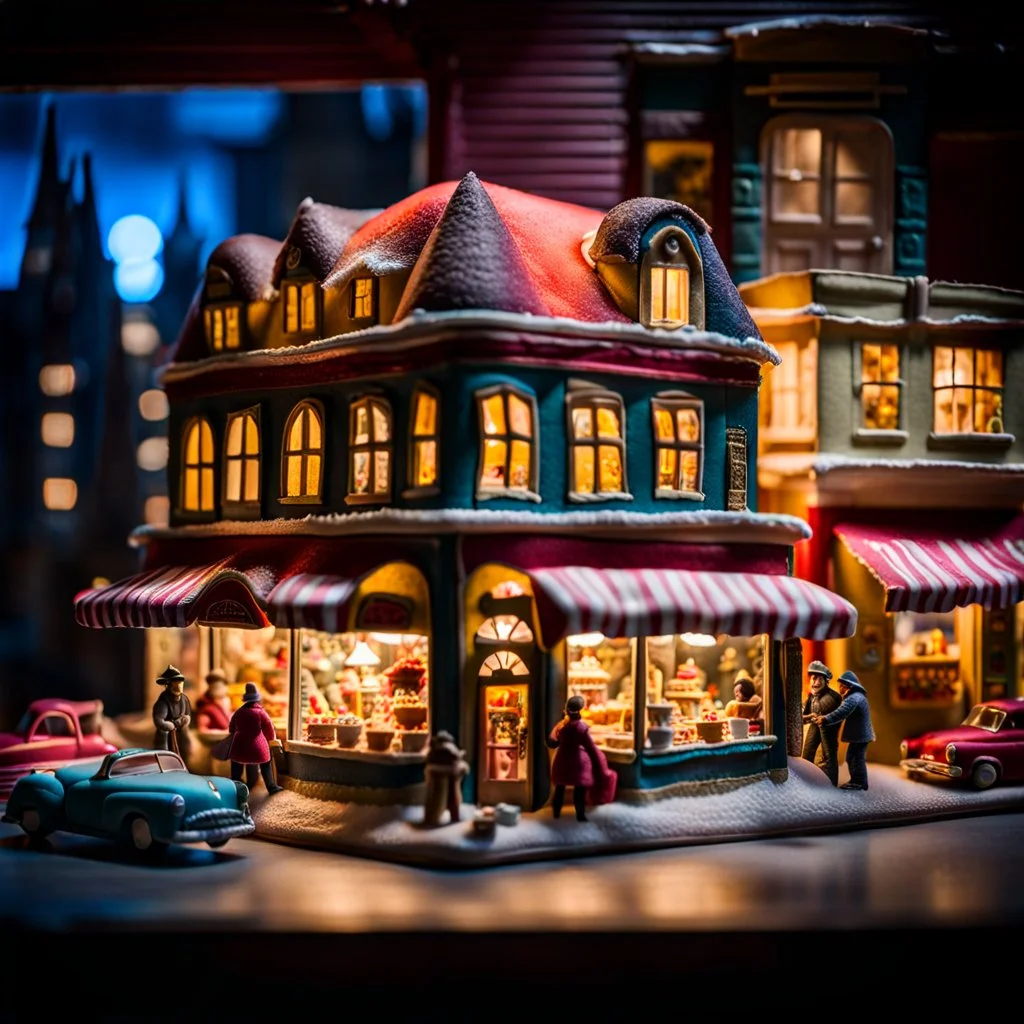 Close-up photograph of a diorama building, city, store, advertising, land-of-toys with detailed vintage toys made of cake-frosting and felt, strong texture, extreme detailed, movie shot, rich moody colors, sparkles, night, nightmare