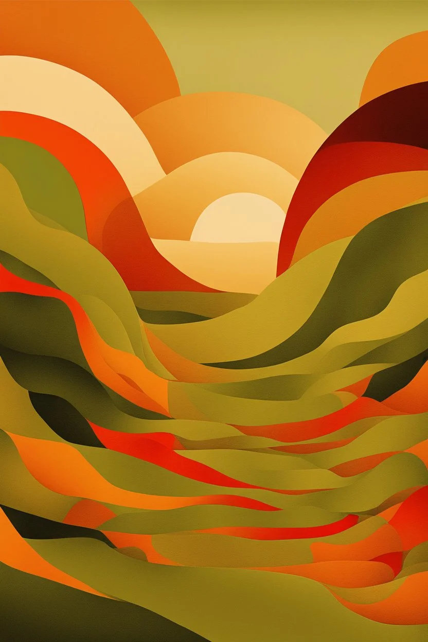 The Flatlands in 2D World; abstract art; Avocado Green, Harvest Gold, Coppertone, burnt orange; poppy red