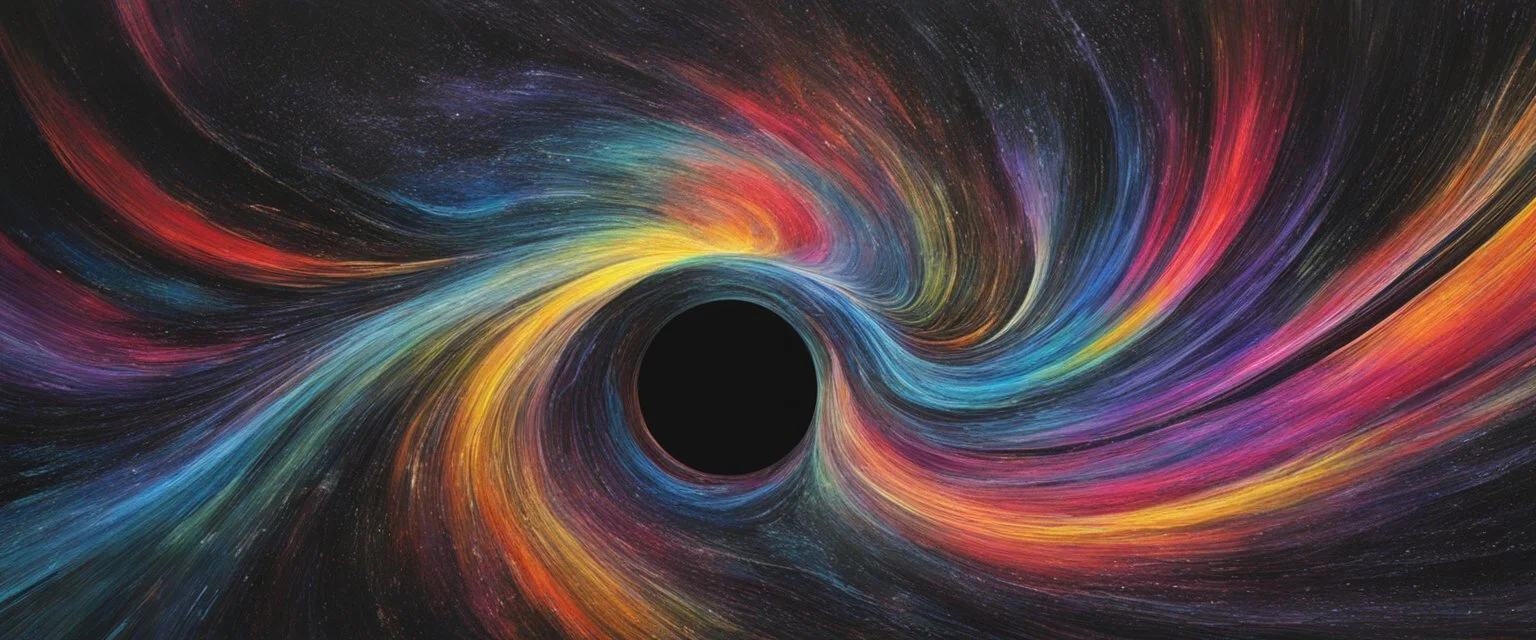 colorful, rainbow, A visually striking and abstract representation of the void and a black hole, utilizing dark hues and dynamic shapes to evoke the enigmatic and powerful aspects of cosmic emptiness, (visually striking abstract representation:1.4), (the void and black hole:1.5), (dark hues and dynamic shapes:1.3), (expressive and cosmic ambiance:1.2), drawing inspiration from abstract interpretations of the cosmic void and black hole phenomena