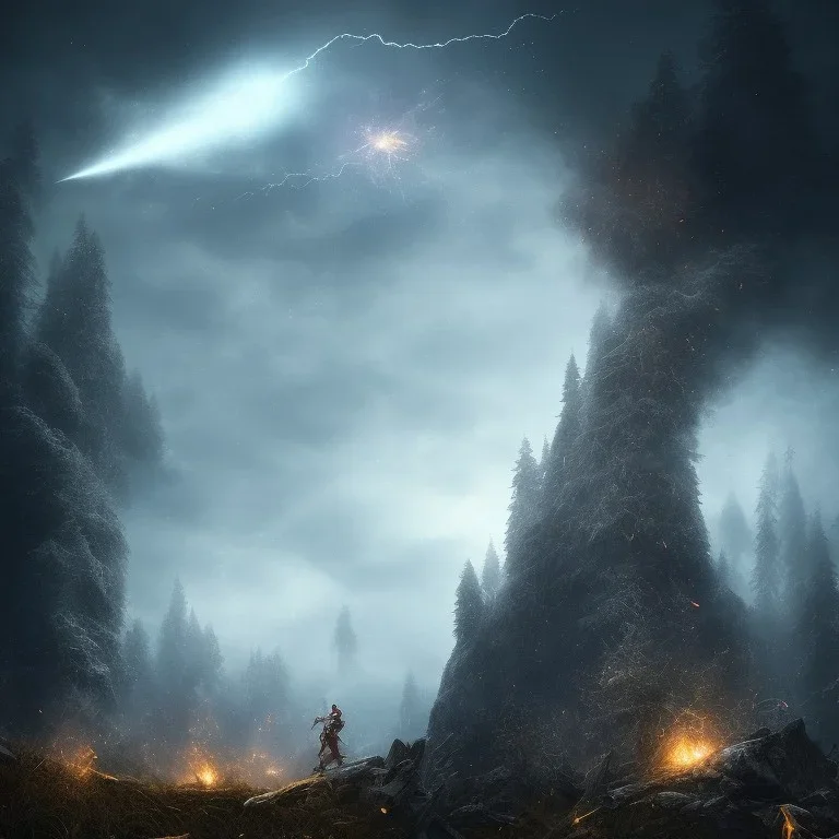 Distant epic scenary. Heavy rain. Epic Lighting in the night sky. Knight with magic scroll in hand. Falling meteorite in the sky. Fireball. Meteorite burning in the distance. Dark, black mud.