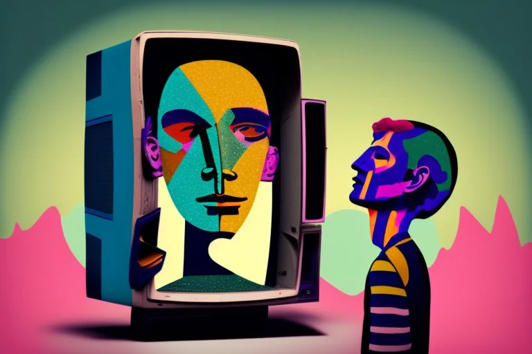 man with head inside a old tv in the style of Eileen Agar