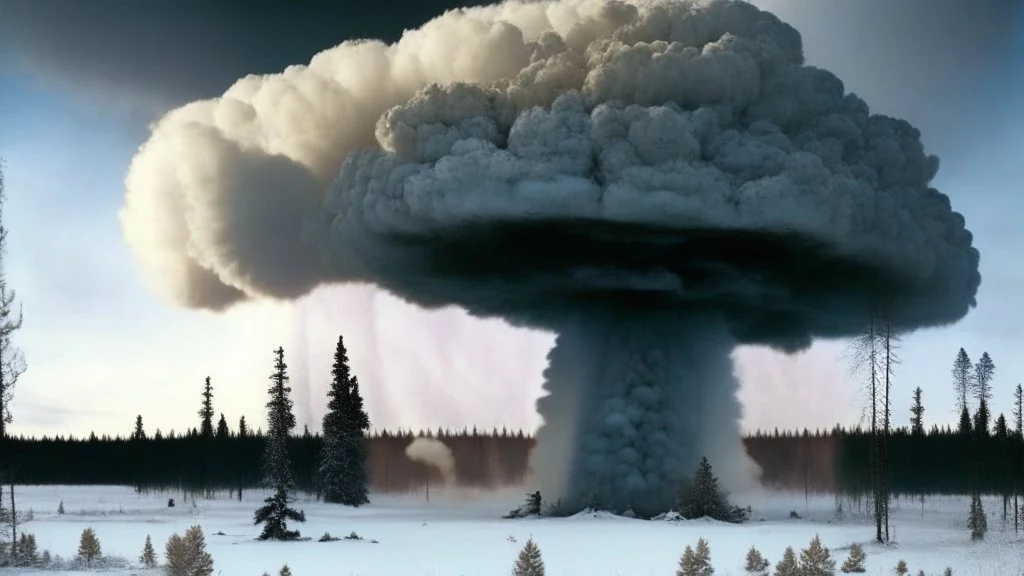 Siberia scenery,taiga forest,winter, heavy clouds, consisting of tall trees and dense vegetation, a mushroom-shaped cloud rises into the sky. The cloud is depicted as a massive column of smoke, dust, and debris, ascending vertically and spreading out at the top, forming a distinctive mushroom-like shape, a barren and desolate scene, with charred remnants of trees scattered across the scorched earth, high resolution photo 24K, high quality, ultraHD, cinematic lighting,