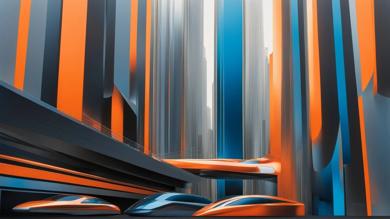 (hustle and bustle:55), (loop kick:20), (deconstruct:28), retro futurism style, urban canyon, centered, drone view, great verticals, great parallels, amazing reflections, excellent translucency, hard edge, colors of metallic orange and metallic steel blue