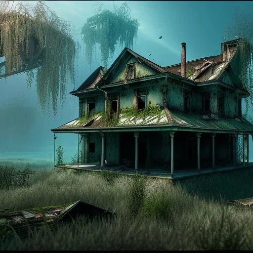 Abandoned house, overgrown, partially submerged,Interior