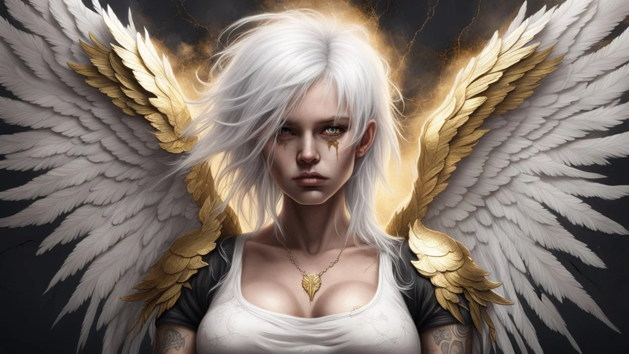 Punk, Angel, pregnant, portrait, white hair, golden wings, old canvas, torn cracks, mystical, fine rendering, high detail, 8K